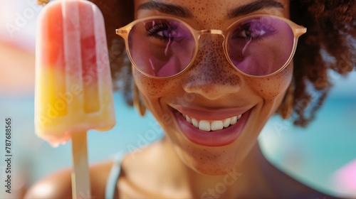 a carefree woman enjoying a refreshing popsicle under the bright summer sun.  photo