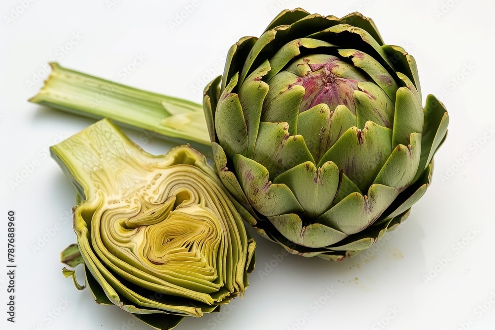 Obraz premium Whole artichoke cut white background