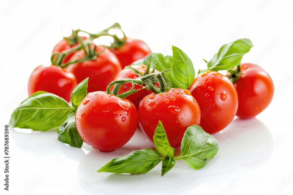 Fresh cherry tomatoes with Sweet basil leaves, isolated on white background - generative ai Fresh cherry tomatoes with Sweet basil leaves, isolated on white background - generative ai