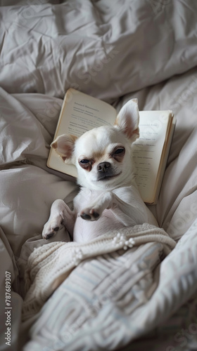 A cute white Chihuahua dog lying on the bed, holding an book in its paws with its head up while looking at you