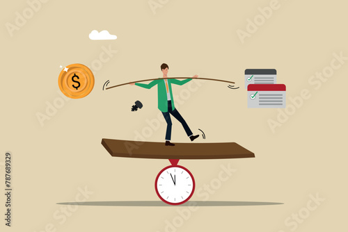 Balance between work and money based on time, productivity, quality of work, businessman riding on a piece of wood balancing his duties