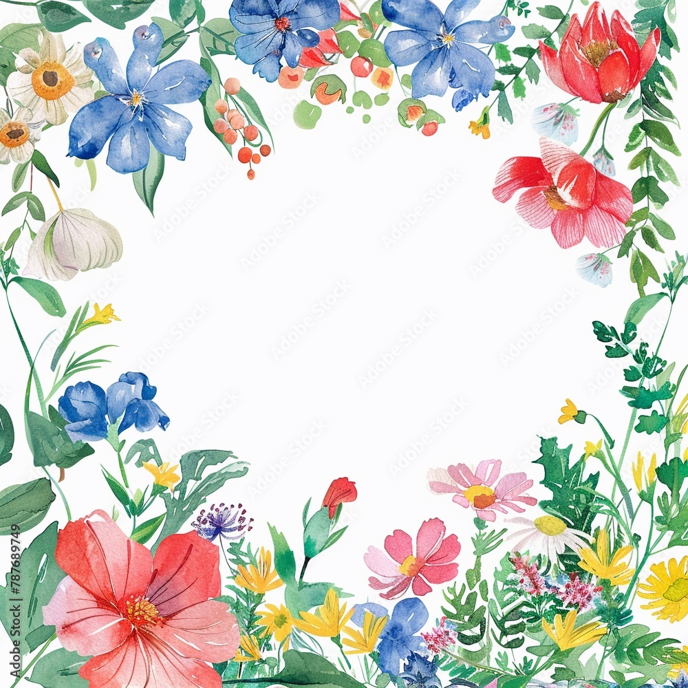 Watercolor Blank greeting card template with beautiful flowers around.