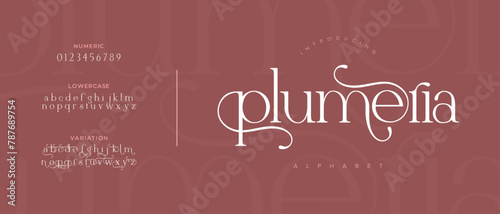 Plumeria elegant Font Uppercase Lowercase and Number. Classic Lettering Minimal Fashion Designs. Typography modern serif fonts regular decorative vintage concept. vector illustration