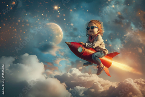 Creative child riding a rocket in the sky  © Zoraiz