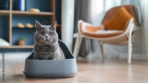 A beautiful gray British cat is defecate into a large gray triangular plastic litter box