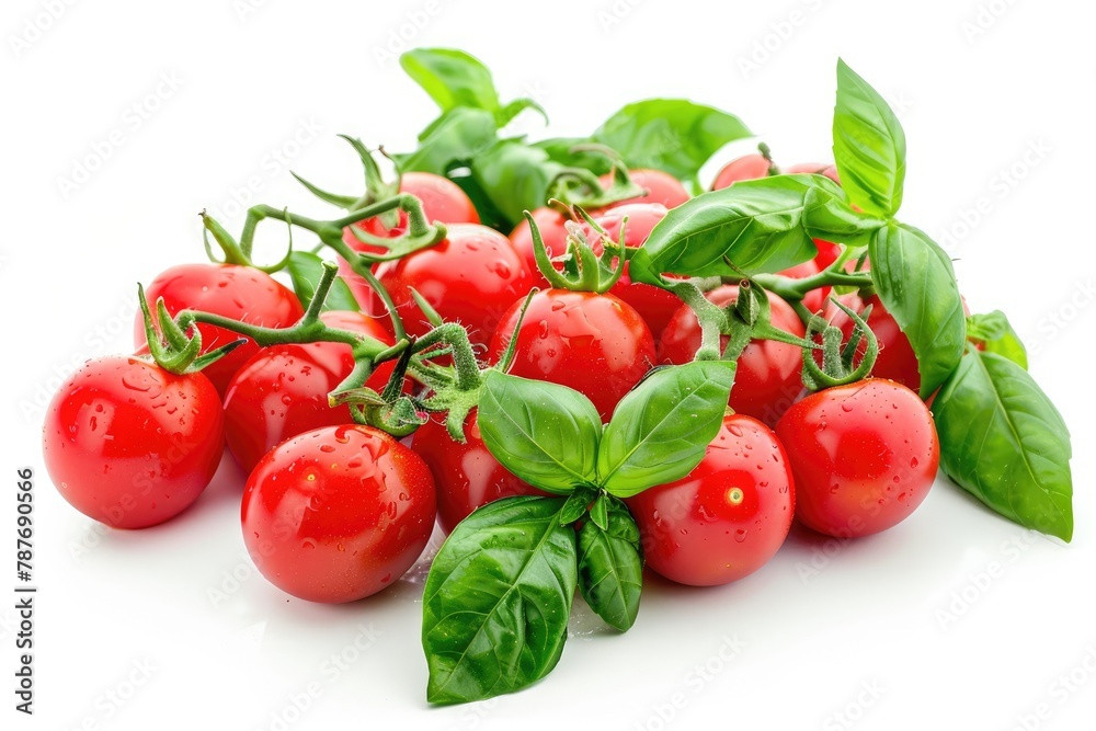 Fresh cherry tomatoes with Sweet basil leaves, isolated on white background - generative ai