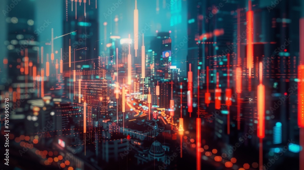 Abstract glowing big data forex candlestick chart on blurry city backdrop. Trade, technology, Abstract glowing big data forex candlestick chart on blurry city backdrop. Trade, technology,