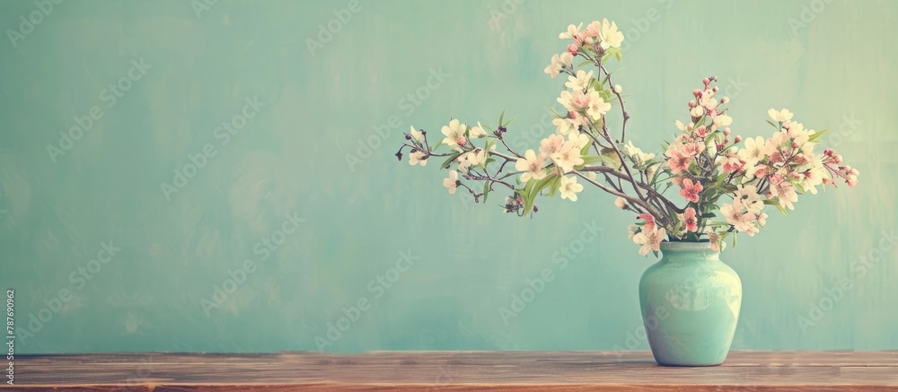 Vintage filtered image of a spring flower arrangement placed on a wooden table against a mint background. - obrazy, fototapety, plakaty 