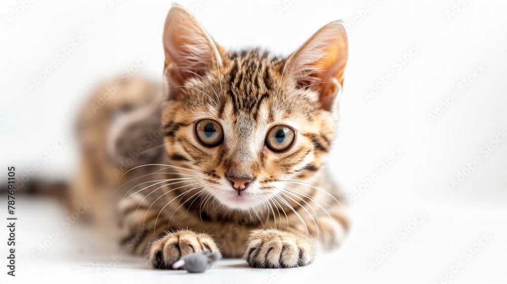 Bengal cat with a toy mouse in its paws on a white background. Bengal cat with a toy mouse in its paws on a white background.