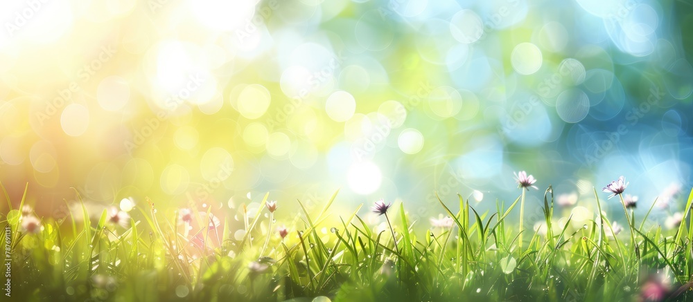 Obraz premium Abstract background in spring with bokeh and sunlight filtering through. Green grass and clear blue skies.