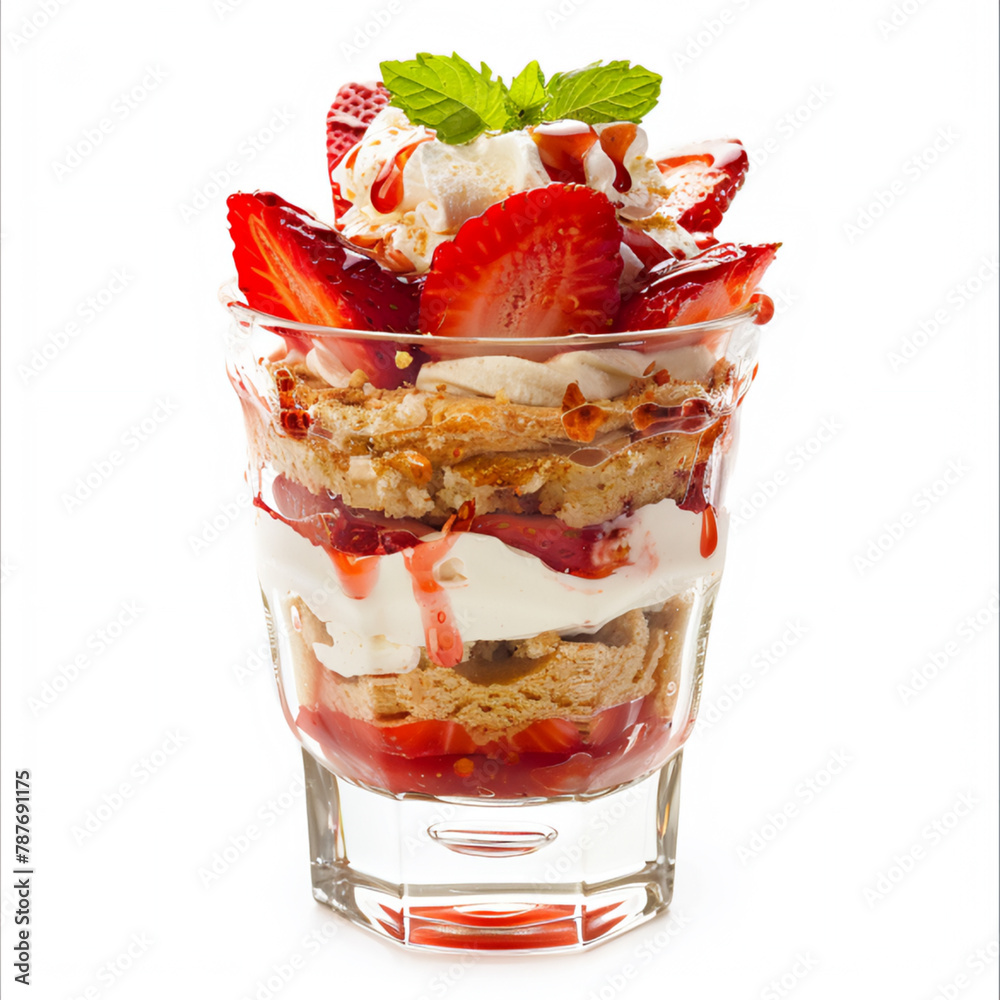 Delicious strawberry shortcake in glass, AI Generative. Delicious strawberry shortcake in glass, AI Generative.