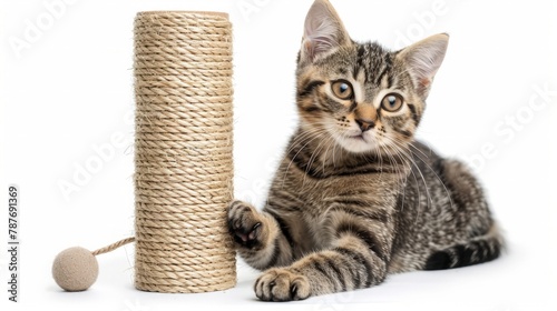 Cat scratching post with toy isolated on white background