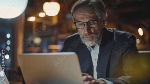 Mature business man executive manager looking at laptop computer watching online webinar training or having virtual meeting video conference taking notes,