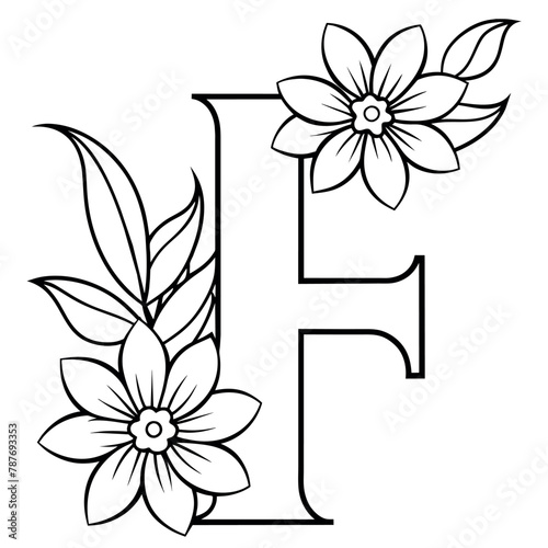 Alphabet F coloring page with the flower, F letter digital outline floral coloring page, ABC coloring page