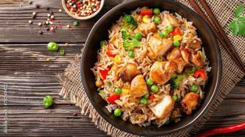 Fried rice with chicken. Prepared and served in a wok. Natural wood in the background. Top view.