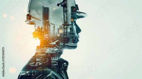 Future building construction engineering project concept with double exposure graphic design. Building engineer, architect people or construction worker working with modern civil equipment © buraratn