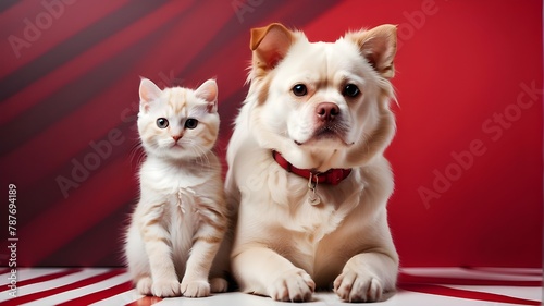 Cat and chihuahua puppie  on white red background photo