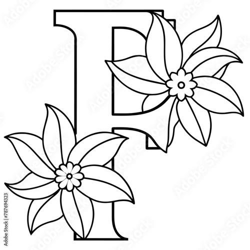 Alphabet F coloring page with the flower  F letter digital outline floral coloring page  ABC coloring page