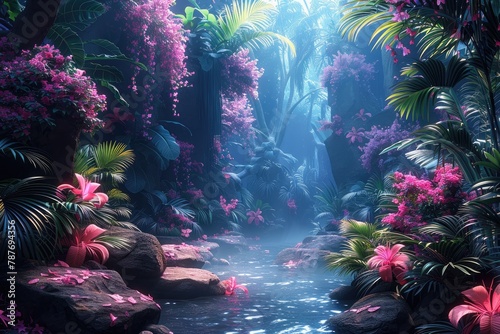 A beautiful and serene landscape with a river flowing through a dense jungle. The trees are tall and green, and the leaves are a lush shade of pink. photo