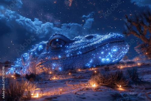 A blue, glowing alligator is lying in the middle of a desert at night. The alligator is surrounded by candles and there is a starry night sky above.