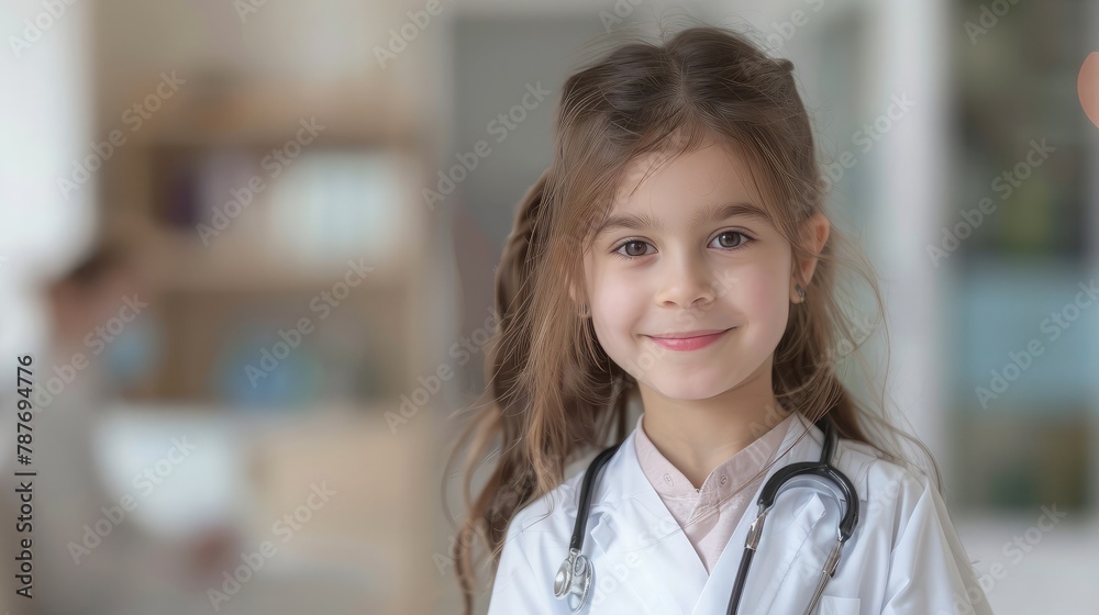Kid's career and health care, medical insurance concept with girl child in white doctor or nurse lab gown with blurry background medical clinic healthcare service center or hospital Kid's career and health care, medical insurance concept with girl child in white doctor or nurse lab gown with blurry background medical clinic healthcare service center or hospital
