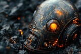 A closeup of a robot head with glowing orange lights on a pile of scrap metal
