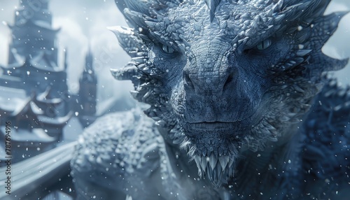 A detailed portrait of a white dragon with blue eyes in front of a snowy castle