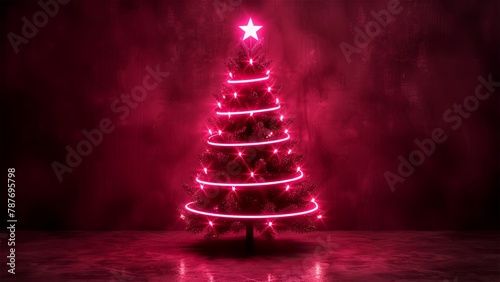 Neon. Christmas tree. Minimalistic background. Generative AI.