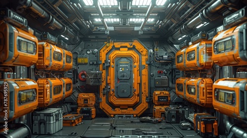 spaceship interior, orange lighting, detailed, 4k