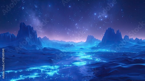 The prompt is: "A beautiful landscape of a distant planet with blue glowing rocks and a river of glowing blue liquid flowing through the middle of it. The sky is dark blue and filled with stars."