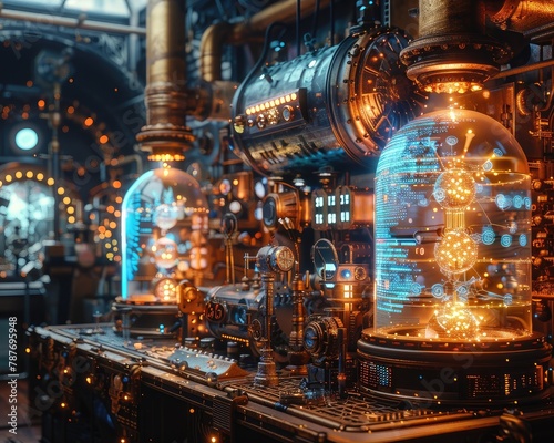 Steampunk machine with glowing blue orb