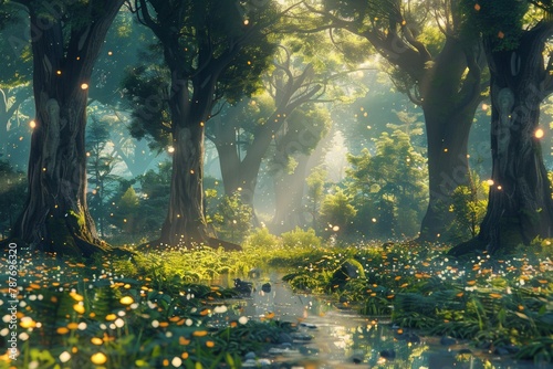 A magical forest glade with towering trees, sparkling streams, and mystical creatures hidden among the foliage photo
