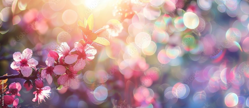 Background of blooming spring, featuring a beautiful natural setting with a blossoming tree, sun glare, vibrant spring flowers, and an enchanting orchard. The scene is abstract and blurred,