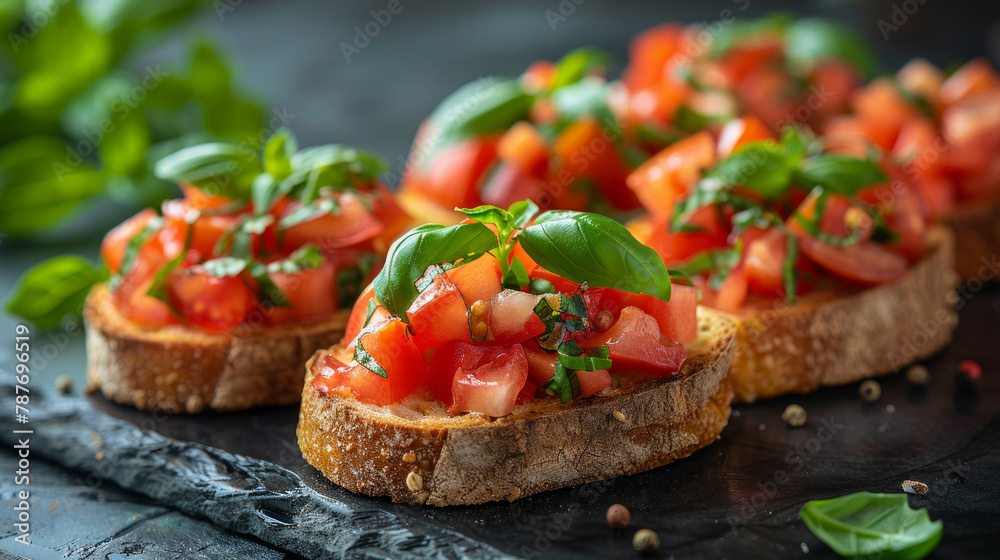 Three small breads with tomato and basil on top