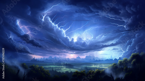 A stormy sky with lightning bolts and a mountain range in the background