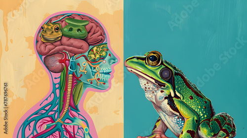 Human and frog detailed ear and mouth  organs anatomy, i, frogs can only detect high-pitched sounds with their ears; they detect low-pitched sounds through their skin,  funny cartoon characters Graffi