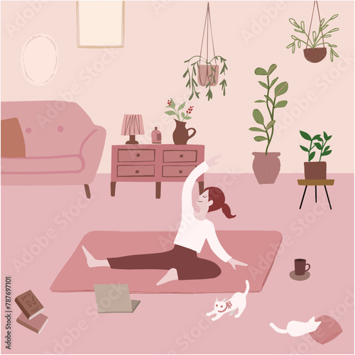 自宅でヨガのレッスンを受ける女性のイラスト