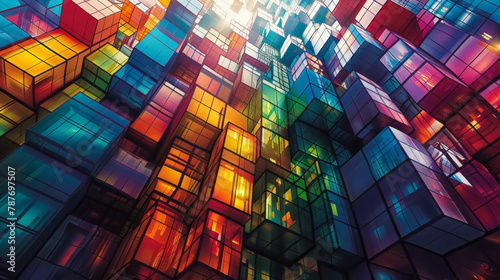 A colorful building made of cubes with a lot of windows photo
