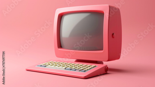 A pink computer monitor with a keyboard