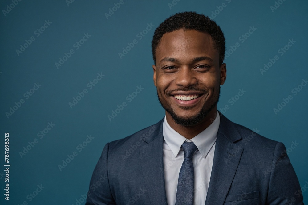 African American male individual with smile on face next to empty space on blue background. Handsome young man wearing suit. African American male individual with smile on face next to empty space on blue background. Handsome young man wearing suit.