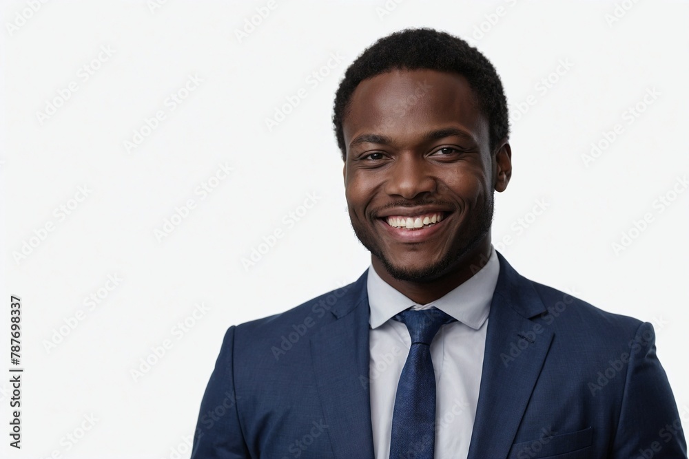 African American male individual with smile on face next to empty space on white background. Handsome young man wearing suit. African American male individual with smile on face next to empty space on white background. Handsome young man wearing suit.