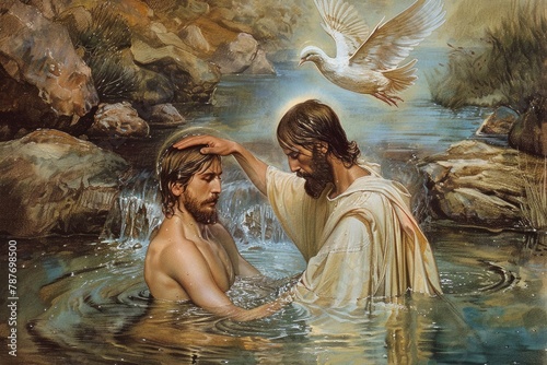 Holy ritual: baptism of Jesus - John the baptist administers the sacred rite in the Jordan river, symbolizing purification and divine commissioning.