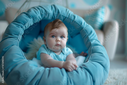 Cute baby lying in blue cocoon chair
