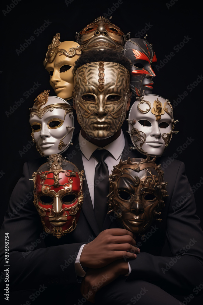 A man wearing a suit and tie is holding up a collection of masks