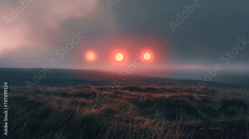 A field with three glowing red objects in the sky photo