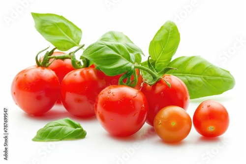 Fresh cherry tomatoes with Sweet basil leaves, isolated on white background - generative ai