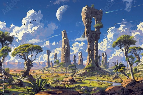 An alien landscape with strange rock formations, exotic flora, and mysterious ruins hinting at a lost civilization © Thi