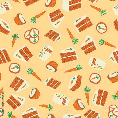 Carrot Cakes with Creme Cheese Frosting Scattered on Orange seamless pattern print background 