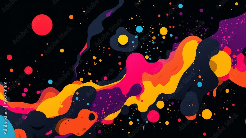 abstract painting in bright colors on a black background, in the style of graphic design