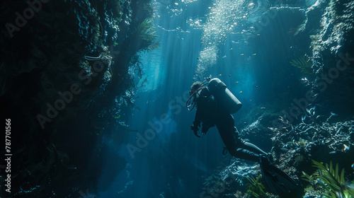 Underwater cave exploration, soft light, side angle, eco-conscious diver, photorealistic © Pic For You